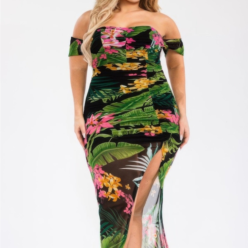 Tropical Off Shoulder Draped Maxi Dress